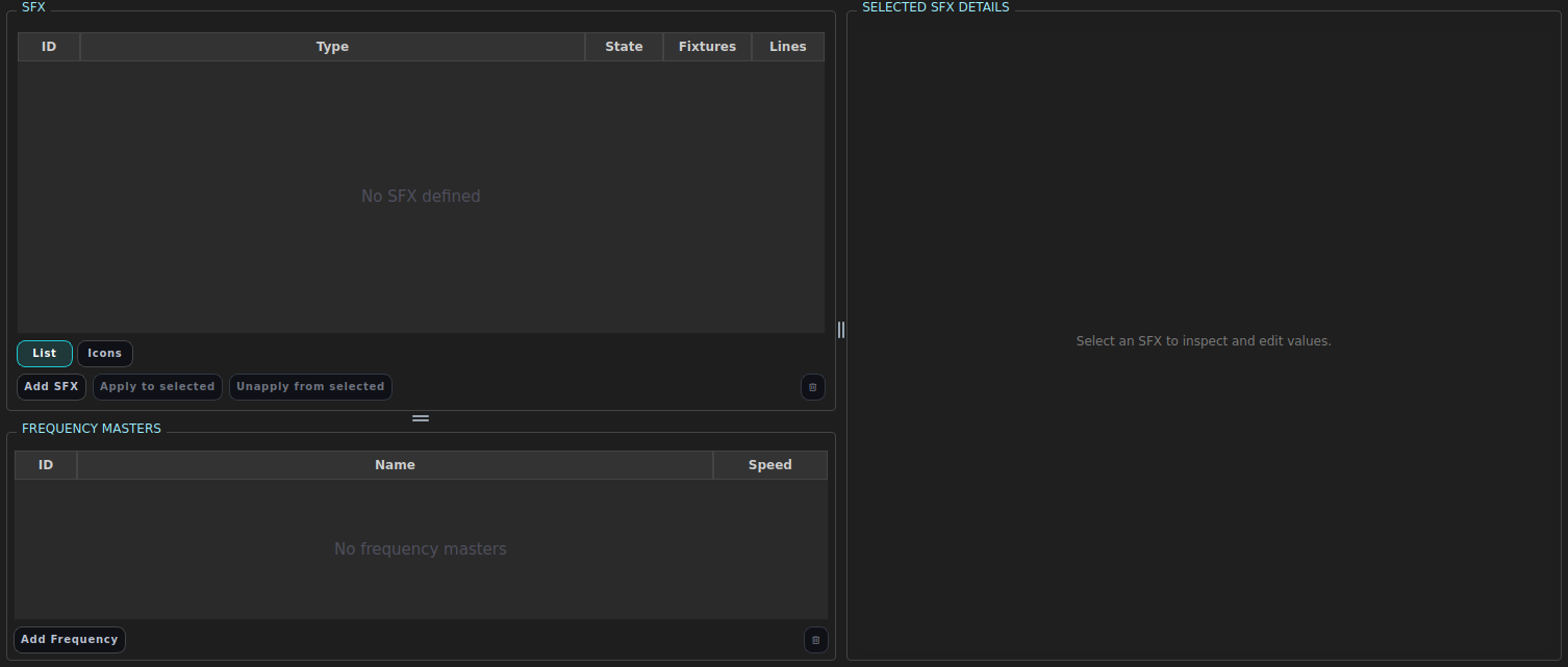 The SFX tab: template list, controls, and frequency masters